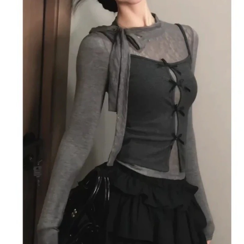 

French Gray Fake Two-piece Bow Top Girl Small Woman Sweet Age-reducing Puffy Short Skirt