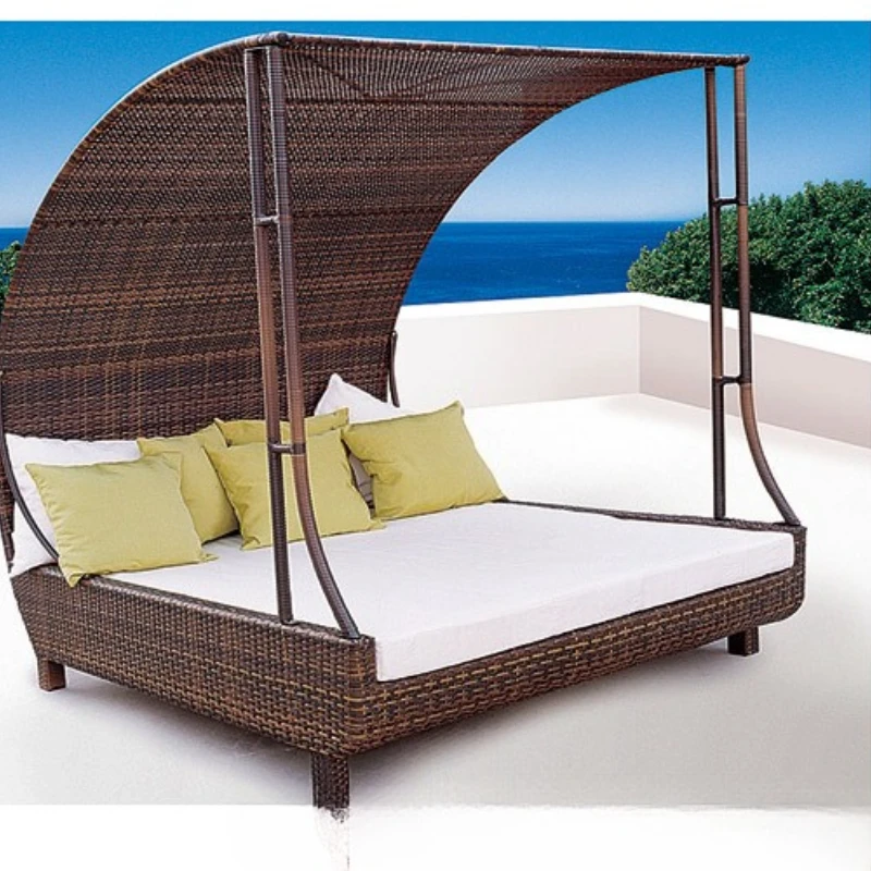 

Outdoor seaside beach bed Aluminum frame rattan lounger with cane sofa Outdoor swimming pool Shade round bed