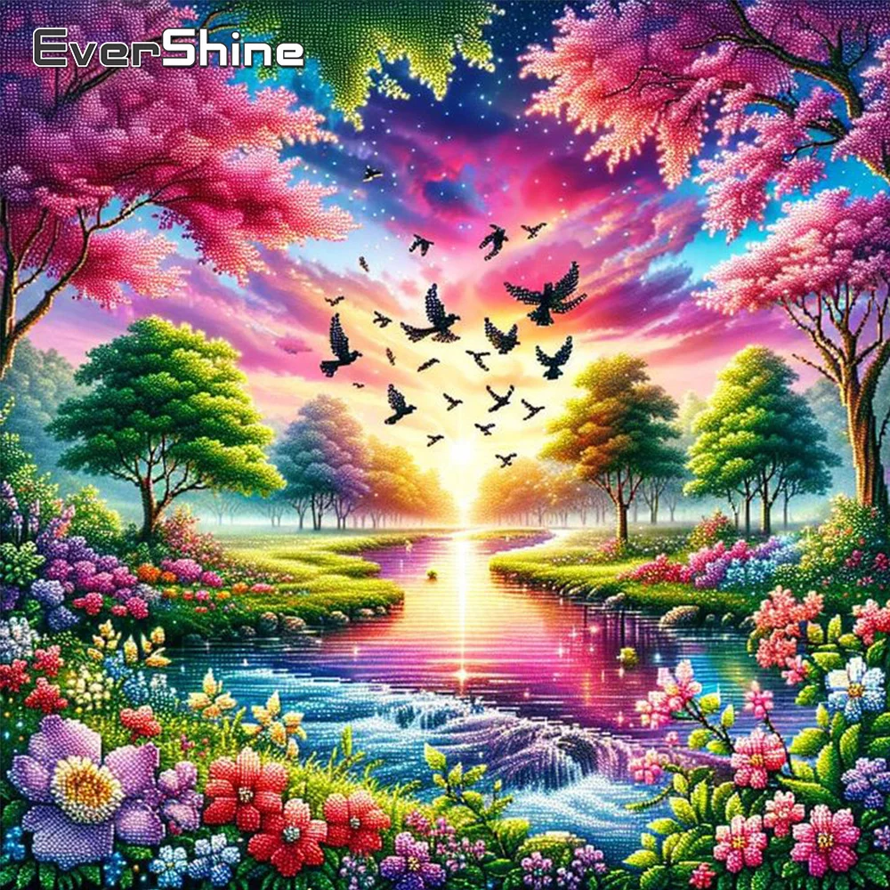 Evershine Diamond Painting Sunset Landscape Full Square Round Mosaic River DIY Embroidery Tree Handmade Gift