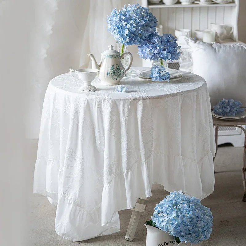 Cotton Ruffled Tablecloth for Wedding Home Party Dining Banquet Decoration Floral Embroidery Pattern Tea Table Protector 자수 식탁보