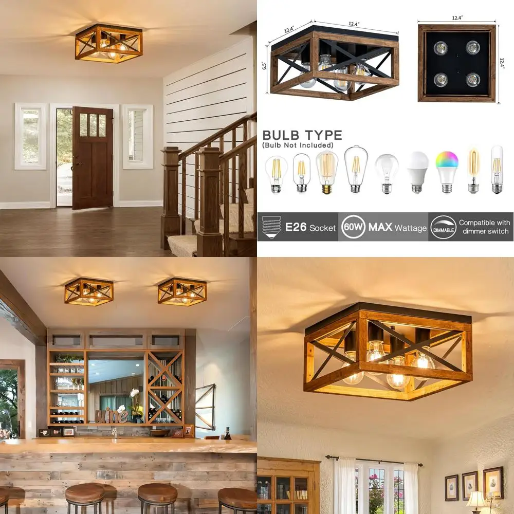 

Rustic 4-Light Flush Mount Ceiling Fixture with Black Metal and Wood Accents for Hallways, Entryways, and Kitchens