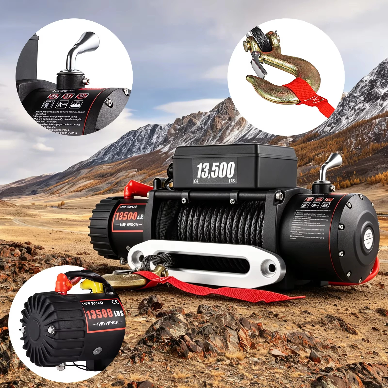 SIHAO 13500 lbs Electric Winch 12V Synthetic Rope Car Winch with Wired Wireless Control for Towing SUV Off-Road Jeep Trailer