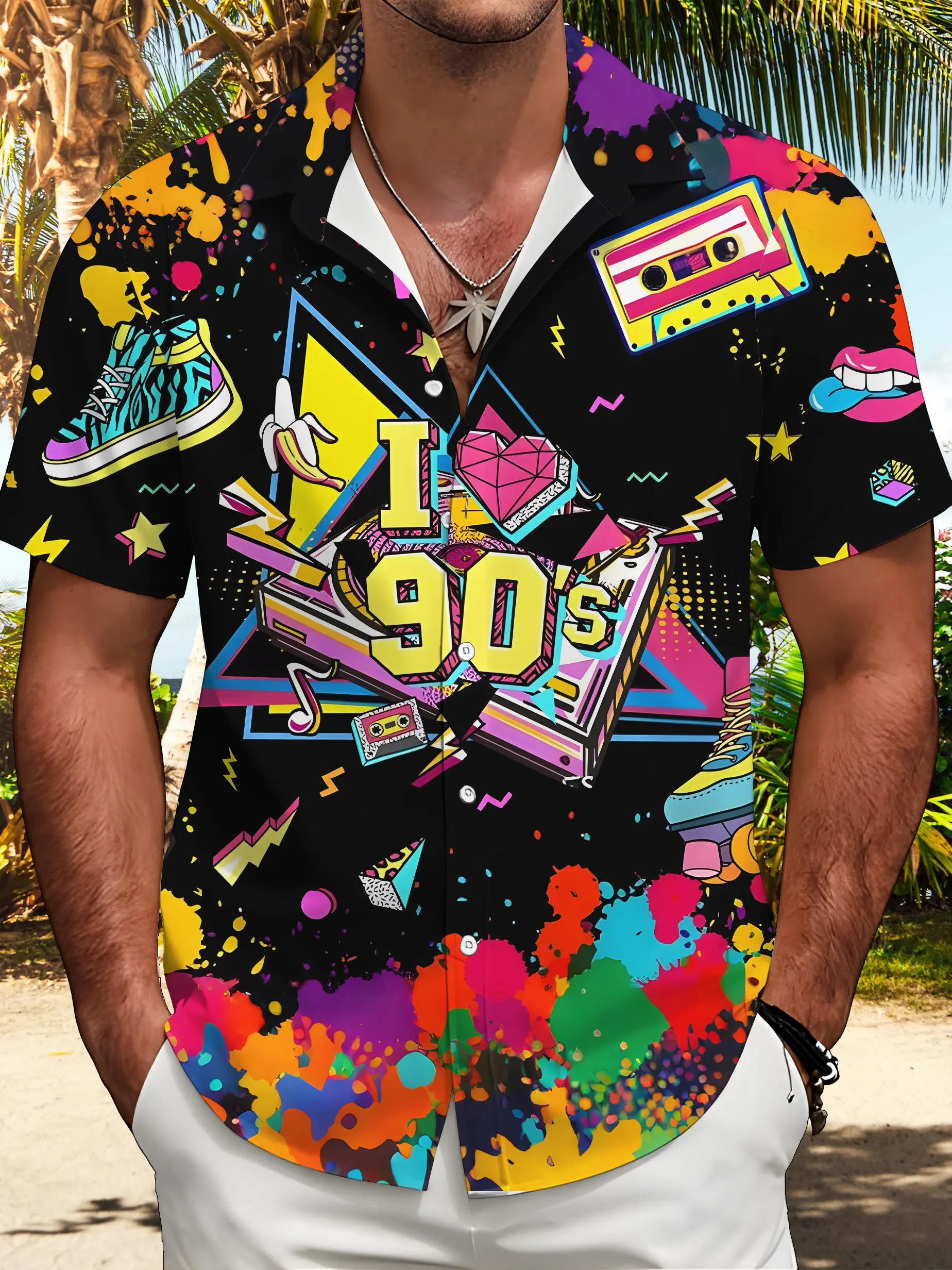 Men's shirt short sleeve 80s retro print button down shirt summer beach shirt camping shirt men's casual short sleeve shirt