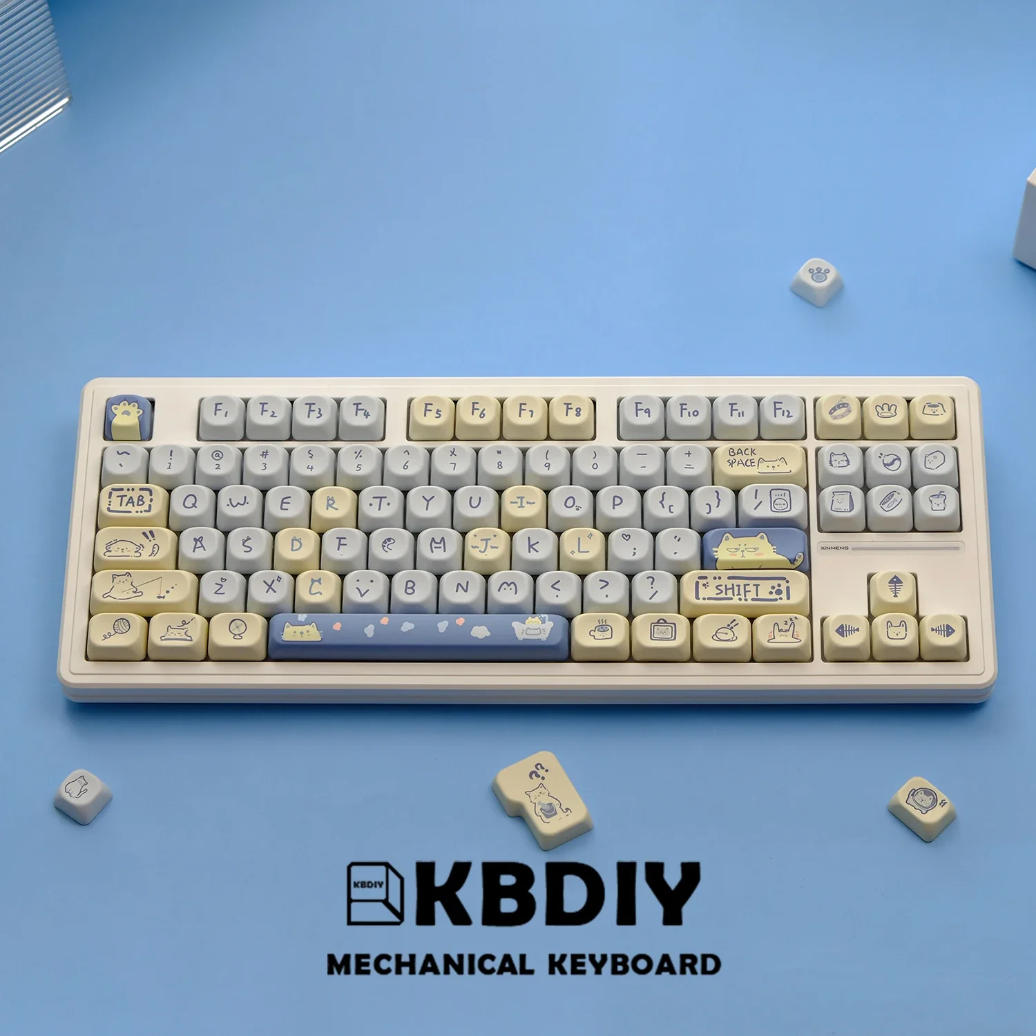 KBDiy 141Keys PBT Blue Meow Keycap Custom KOA Profile Cute Keycaps for Mechanical Keyboard ISO 7U Key Cap for MX switches GMK67