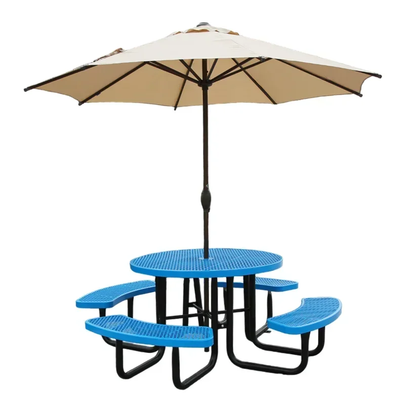

#Outdoor park patio commercial steel mesh picnic camping table with bench outside restaurant round metal dining table and chair
