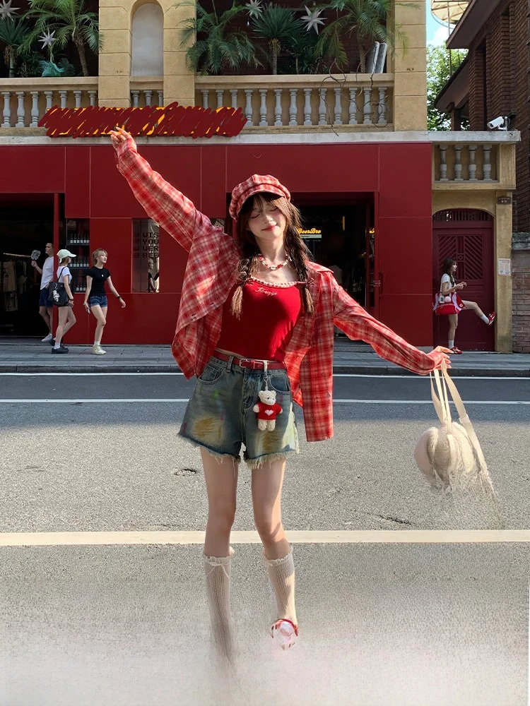 

Красная клетчатая женская весенняя повседневная универсальная блузка с длинным рукавом из ткани пиг-лайт, летняя, из полиэфирного волокна