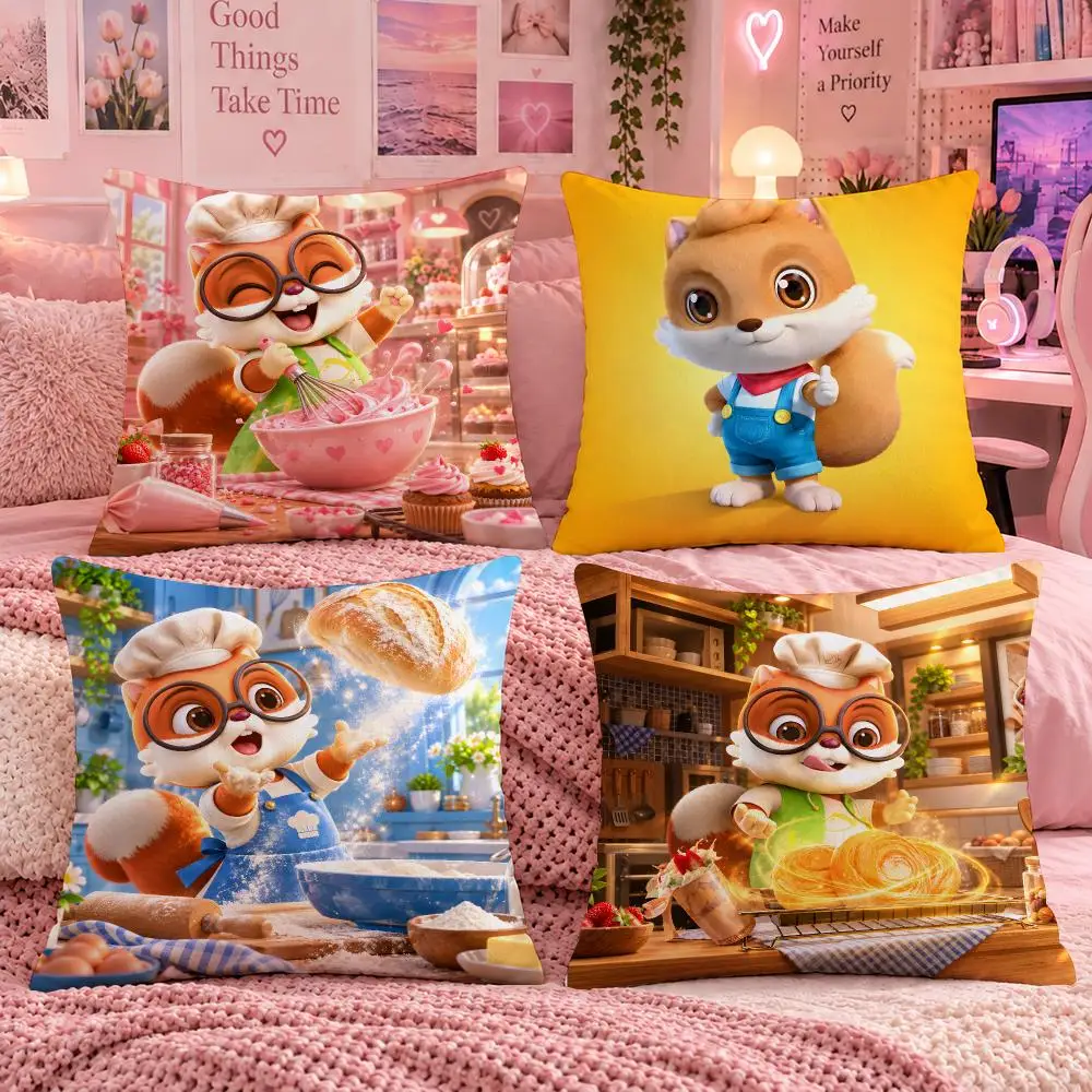Brand Logo Vintage T-Three Squirrels Cushion Cover Double Sided Print Short Plush Pillow Sofa Bedroom Dorm Room Decor Gift
