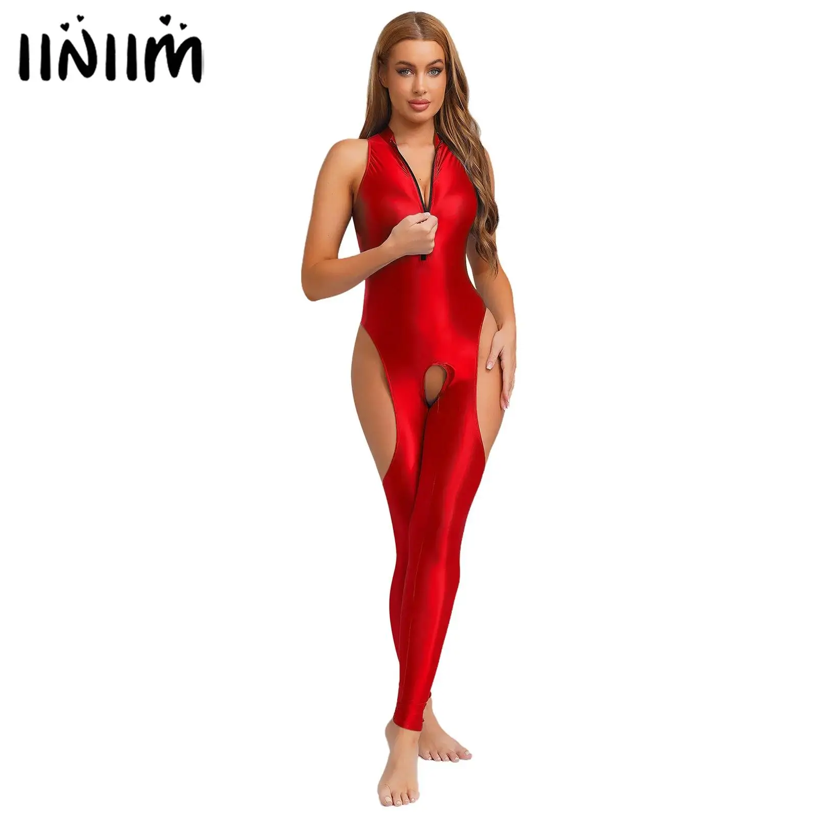 

Womens Lingerie Front Zip Open Crotch Thighs Cut Out Bodysuit Leggings One-piece Catsuit Sleeveless Hollow Out Unitards Jumpsuit