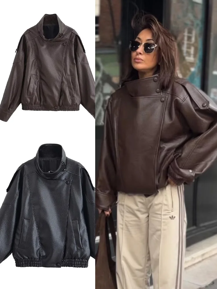 HH Women Autumn High Street Loose Coats Woman Elegant Asymmetric Button Pocket Long Sleeves Black Zipper Slim Jackets
