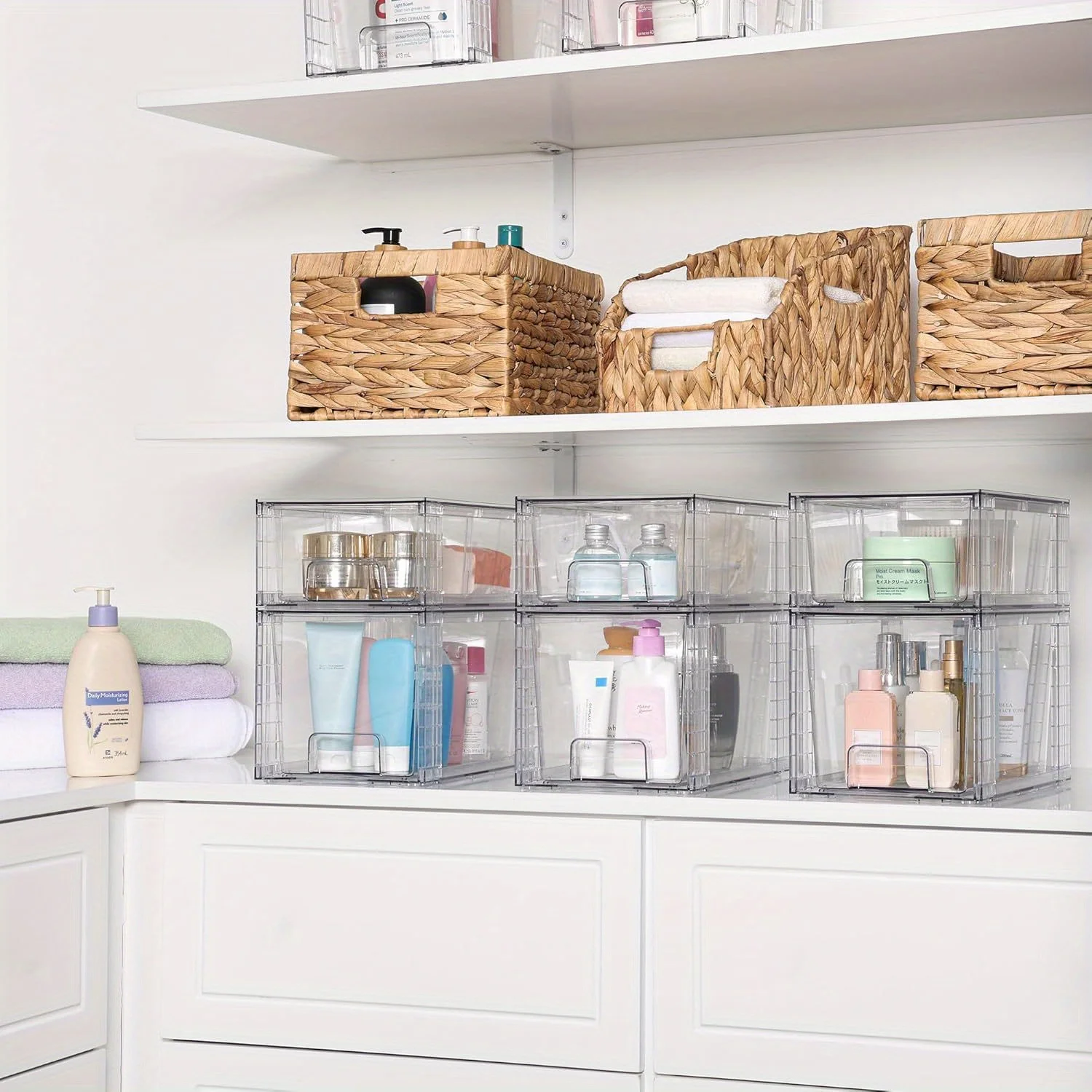 4 Pack Clear Stackable Drawers with Sliding Rails, No Tools Assembly Plastic Organizer for Under Sink,Pantry, Bathroom & Kitchen