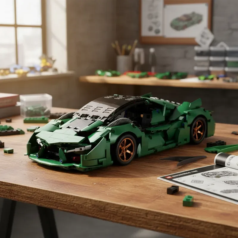 2026 Technischer MOC-Stil Bausteine Grüner Sportwagen Super-Rennwagen DIY Tischdekoration Modell Geburtstagsgeschenke 1000+ Teile