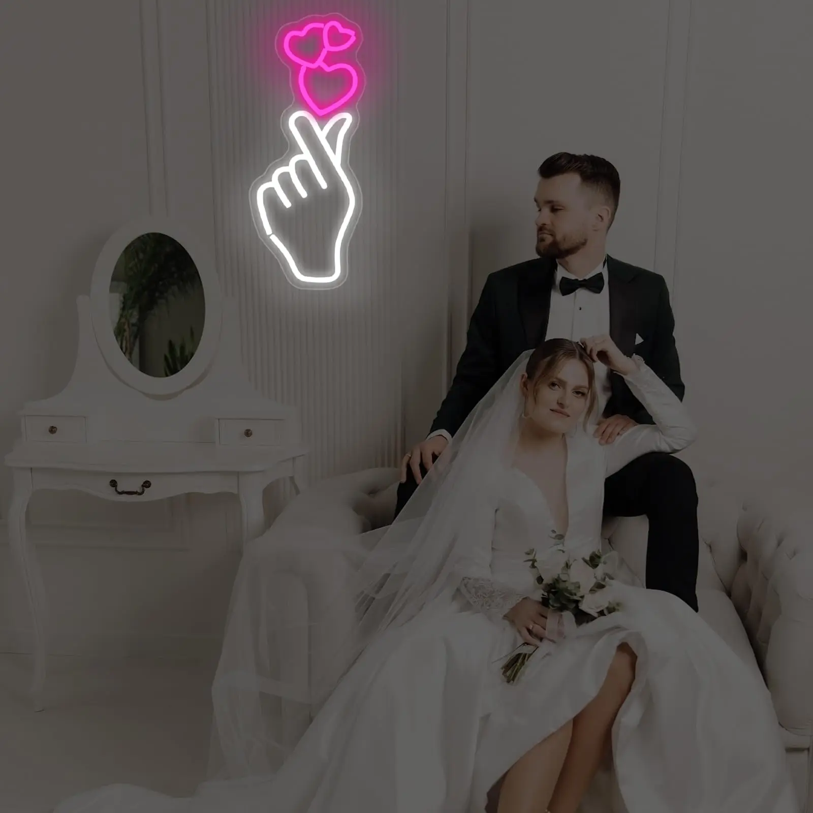 إصبع القلب النيون اليد الحب القلب LED ضوء لهدية عيد الحب، علامة النيون عكس الضوء للمنزل، الطرف، الزفاف