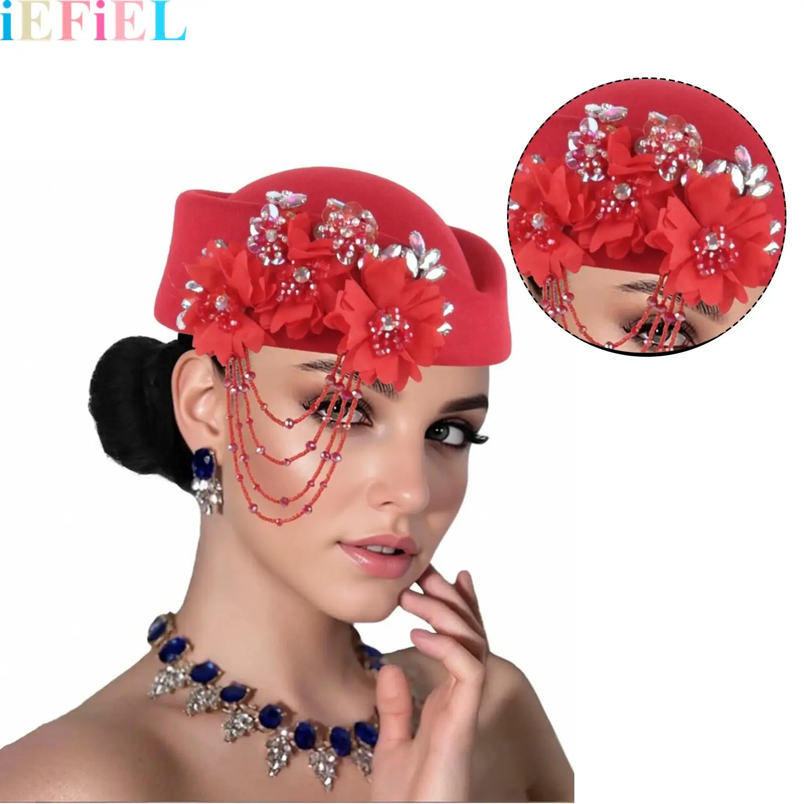 

Retro Beret Hats for Women Felt Church Derby Headdress Rhinestone Floral Hat Suitable for Women Wedding Parties Events