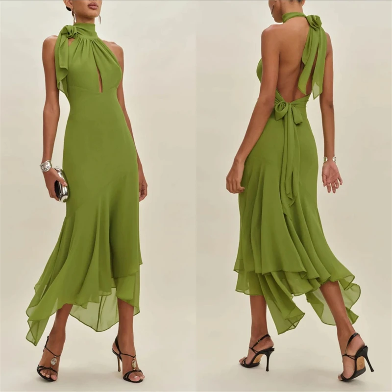 

Green Halter Chiffon Midi Dress Elegant Backless Asymmetric Hem Dresses Luxury Women Evening Gowns Wedding Guest Party Prom 2026