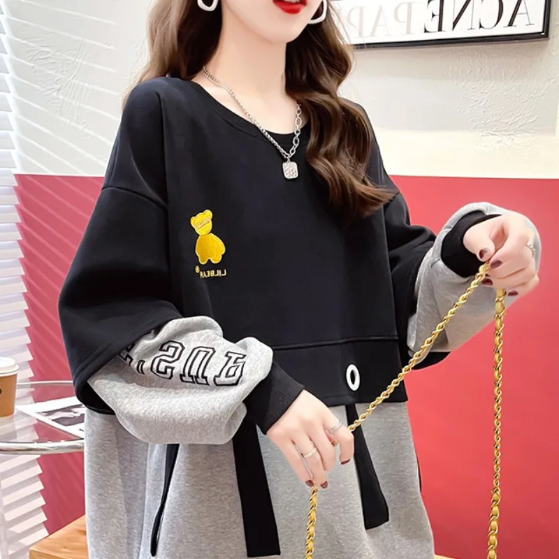 

2023 Autumn and Winter Women's Pullover Round Neck Patchwork Printing Loose Fashion Casual Elegant Commuter Long Sleeve Hoodies