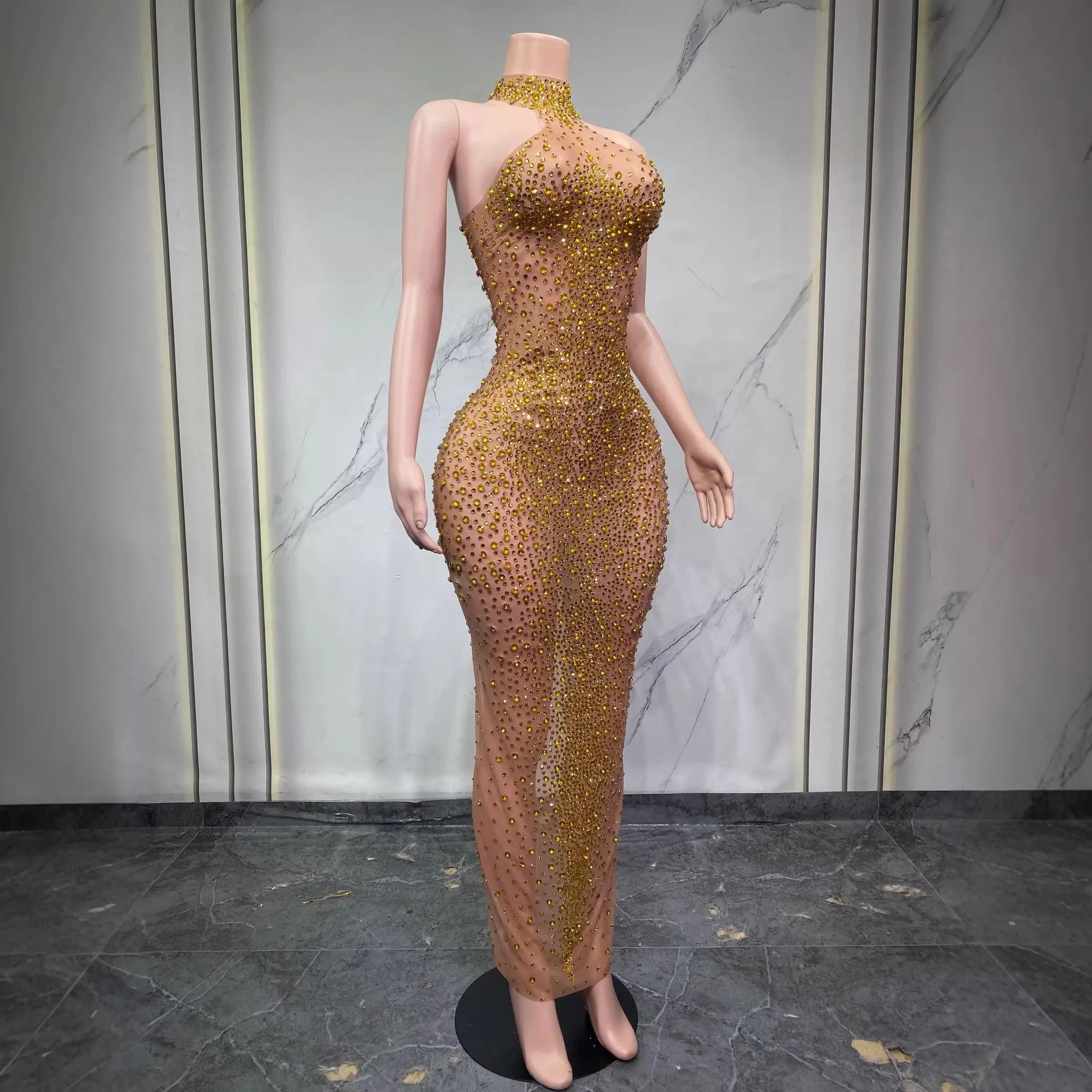 Long Crystal Jumpsuit Pole Dance Tight Mesh Jumpsuits Stage Performance Costume Women Party Sexy