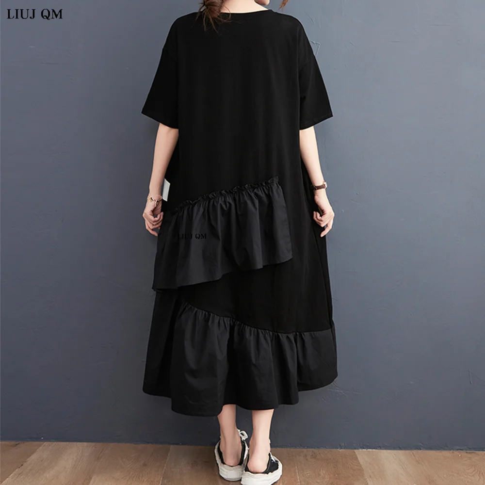 Vestido de manga corta de algodón negro para mujer, vestido largo holgado informal con estampado Vintage, ropa elegante de talla grande para verano, 2023