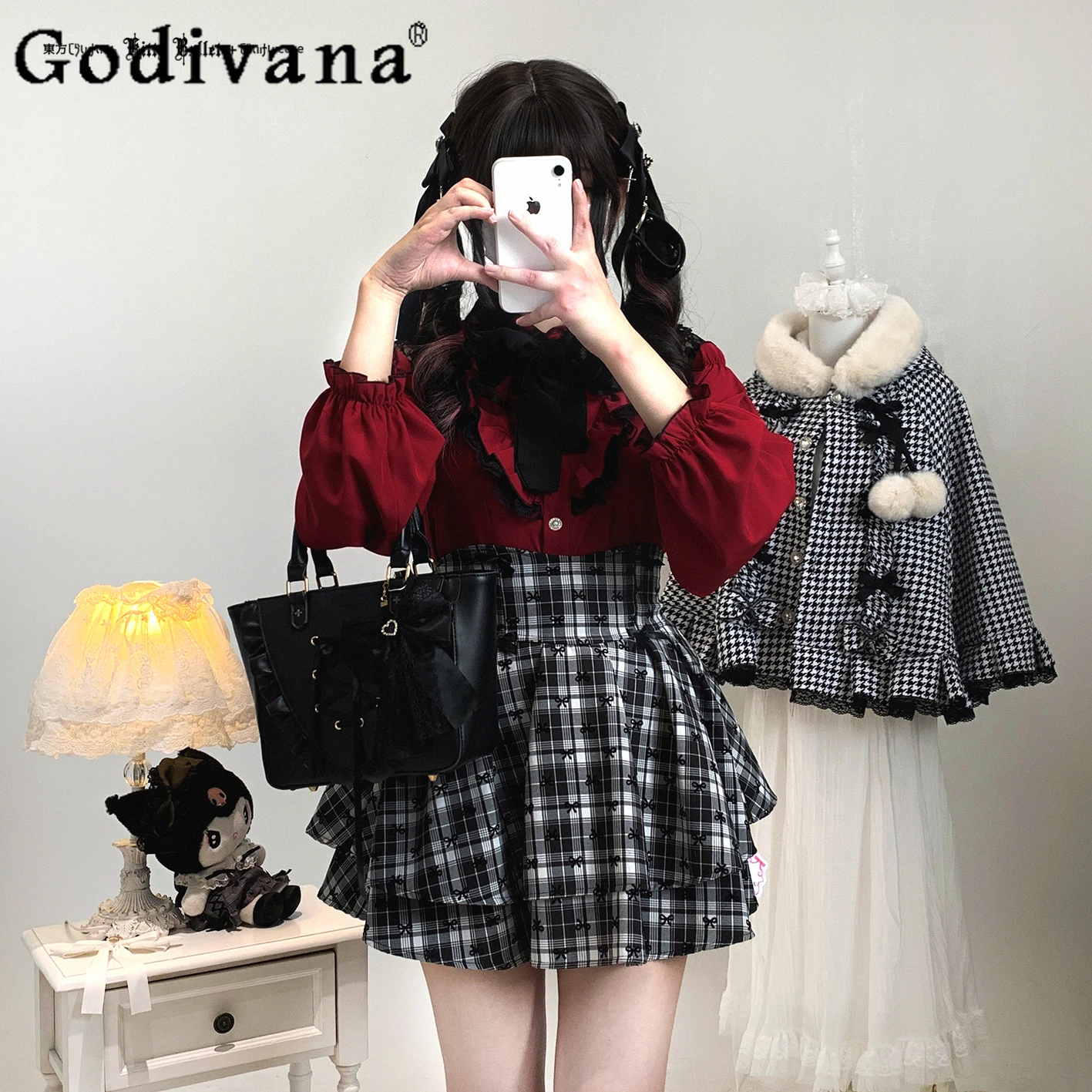 

Оригинальный японский милый комплект из юбки и рубашки в стиле Лолиты, весенне-осенние женские милые кружевные рубашки с открытыми плечами, топ