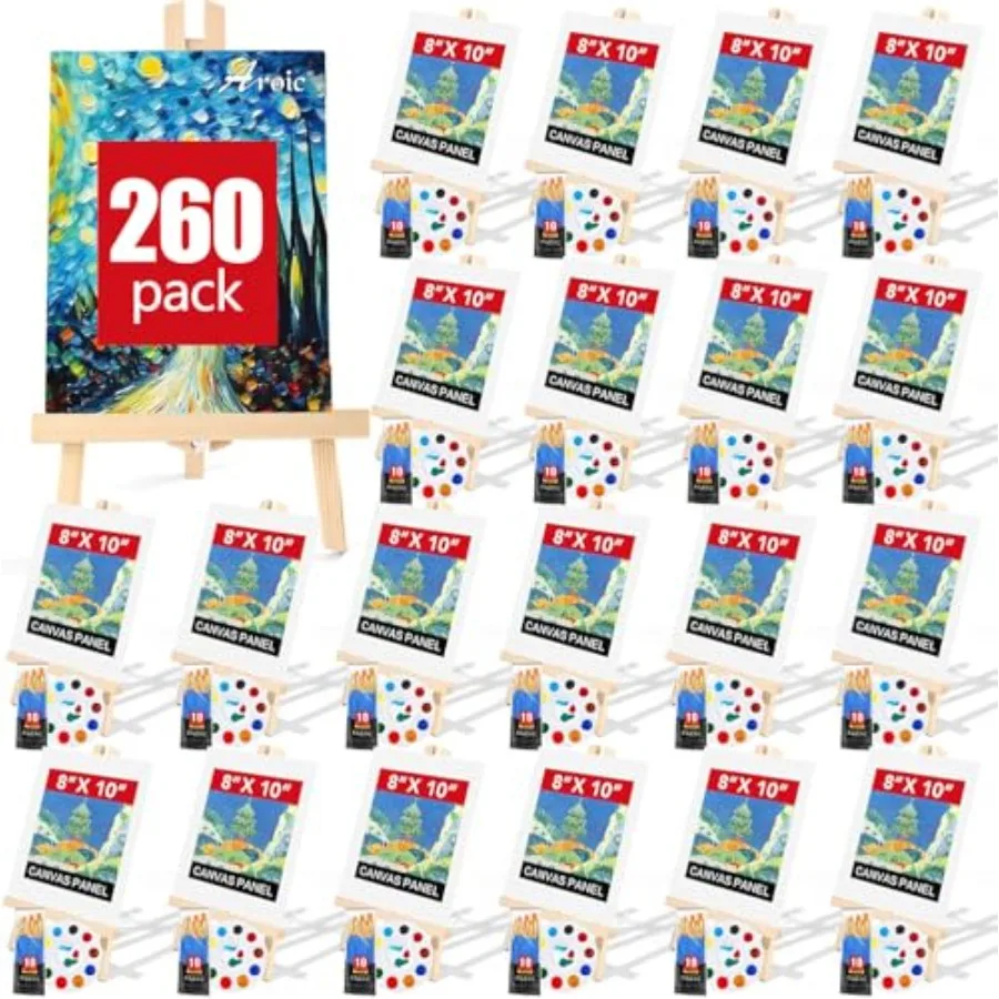 

260 Pack Easel and Canvas Sets with 20 Wood Easels200 Brushes 20 Canvas and 20 Palette Painting Set Tabletop Easel Art Easels P