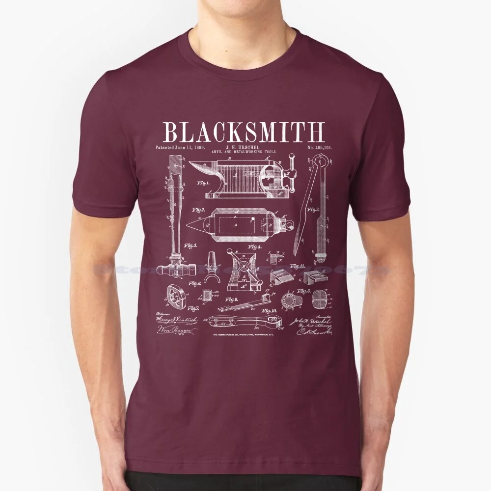 Blacksmith Anvil And Tools Vintage Patent Drawing Print T Shirt 100% Cotton Tee Blacksmiths Anvil Blacksmithing Metalworker