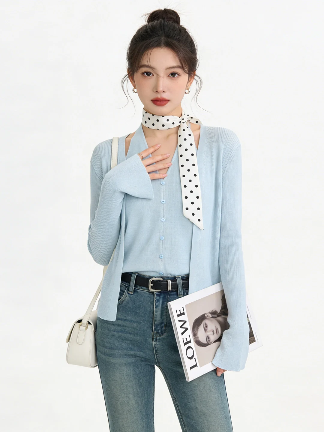 

Ladies Korean Style Knitted Long Sleeve V-Neck Cardigan Set Light Blue Casual Fashion Spring Autumn Wear Comfortable Elastic