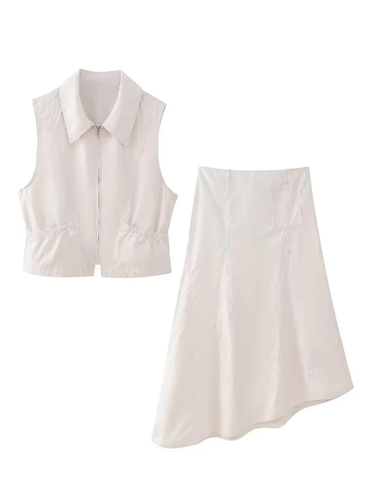 

HH Women Fashion Sleeveless Pockets Zipper Turn-down Collar Jacket Vest+Asymmetric A-Line Solid Midi Summer Skirt Suit