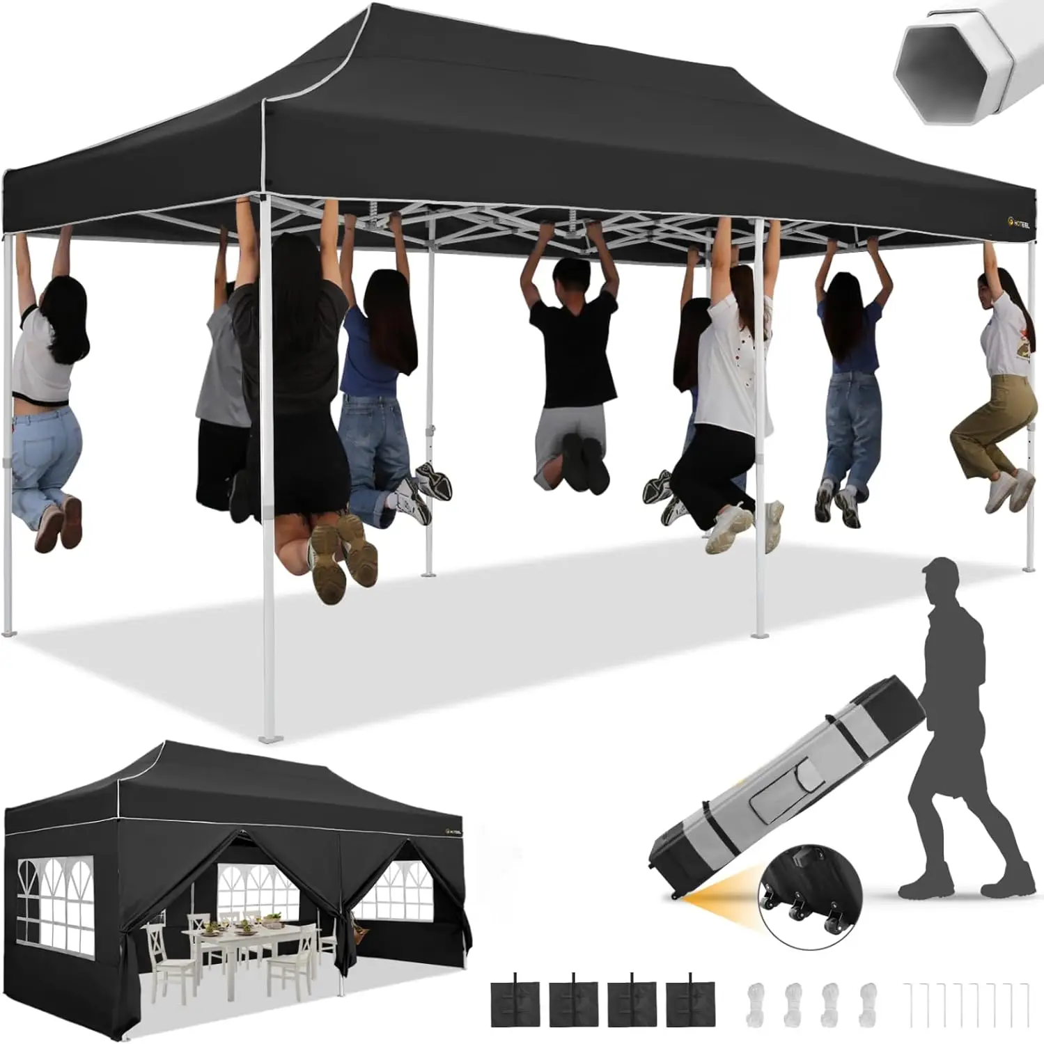 

10x20 Heavy Duty Pop Up Canopy Tent with 6 Sidewalls, Commercial Outdoor Canopy Tents for Parties Event Wedding with Roller Bag