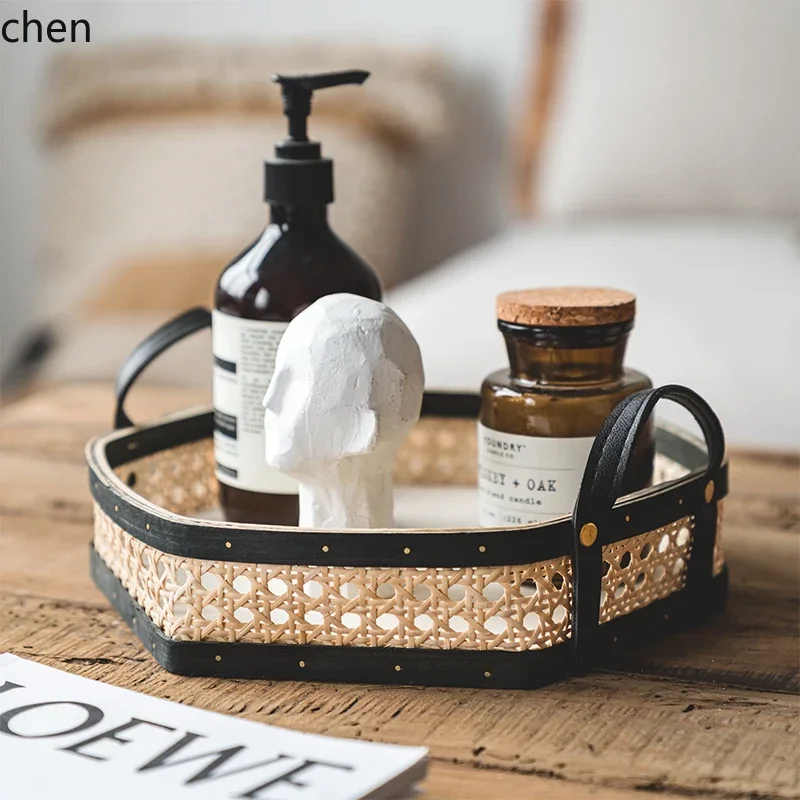 

L15- Retro Rattan Tray with Leather Handle Round Perfume Aromatherapy Tray Fruit Tray Storage Basket Ornament