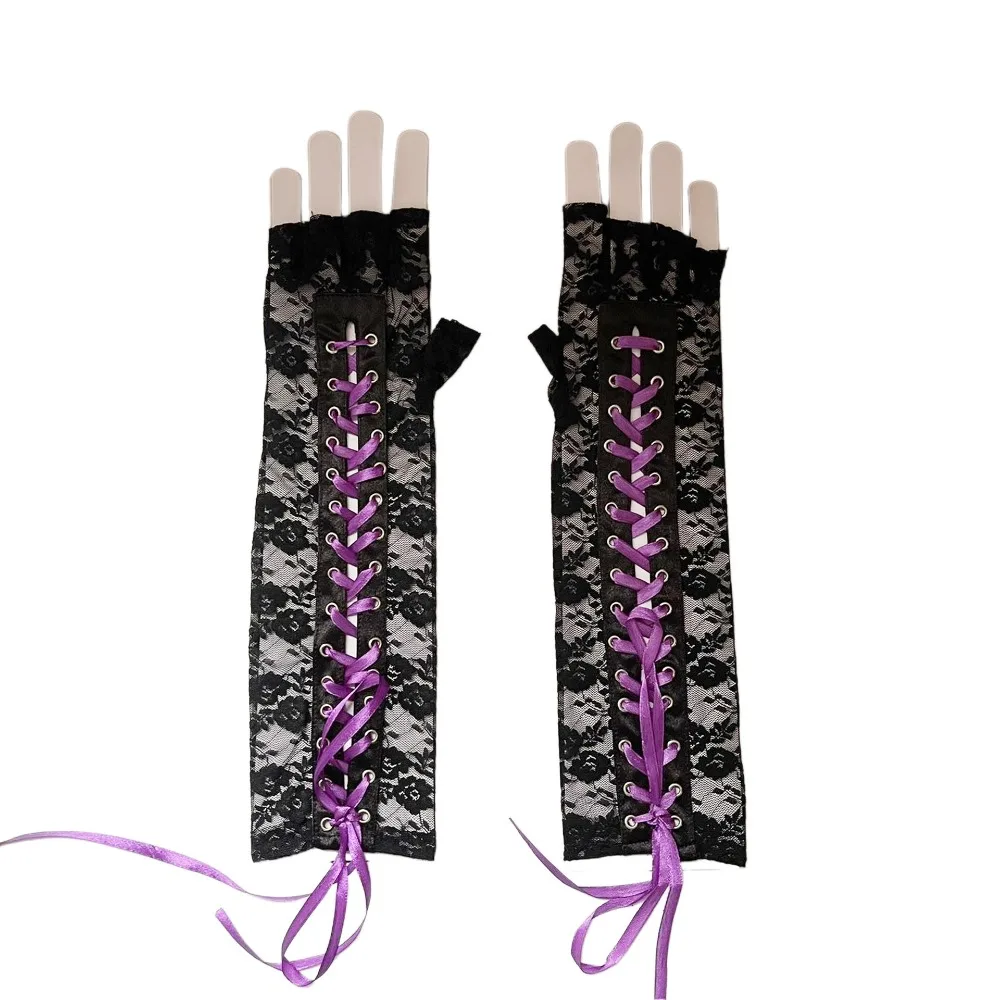 Gants en dentelle Sexy à bretelles, longs, demi-doigt, Punk Cos, ruban, gants de Performance pour Club de danse