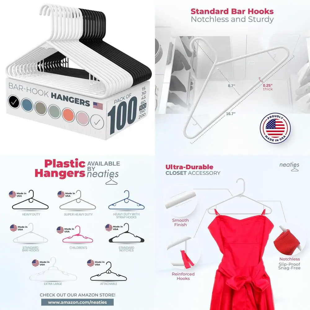 

100-Pack USA-Made Hangers - 6lb Capacity for Dresses, Lingerie, Shirts, Pants - White & Black