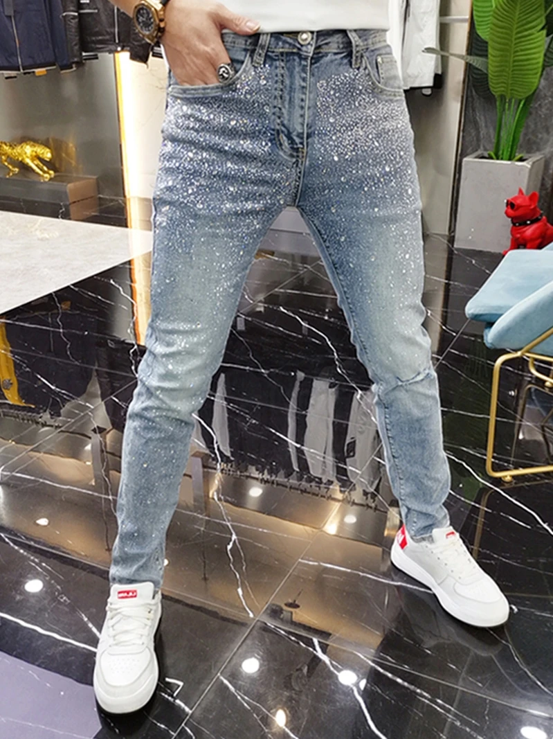 

Trendy Men's Jeans Spring Summer Diamond Embellished Washed out Hole Slim Fit Long Pants Fashionable Youth Casual Style