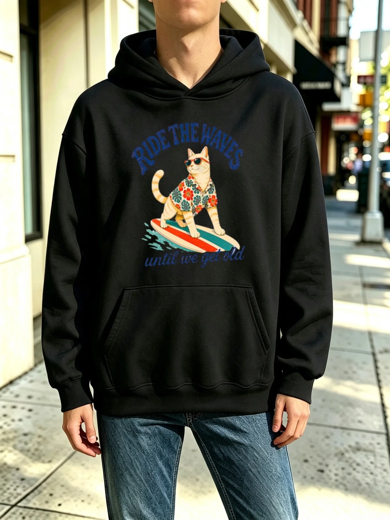 Men's Hooded Sweatshirt, Sea Romance Design, Surfing Cat Design, Casual Basic Style, Loose Fit, Autumn and Winter Everyday Outdoor Casual Workwear, Soft Lining, Long Sleeves with Kangaroo Pocket, Multiple Colors Available