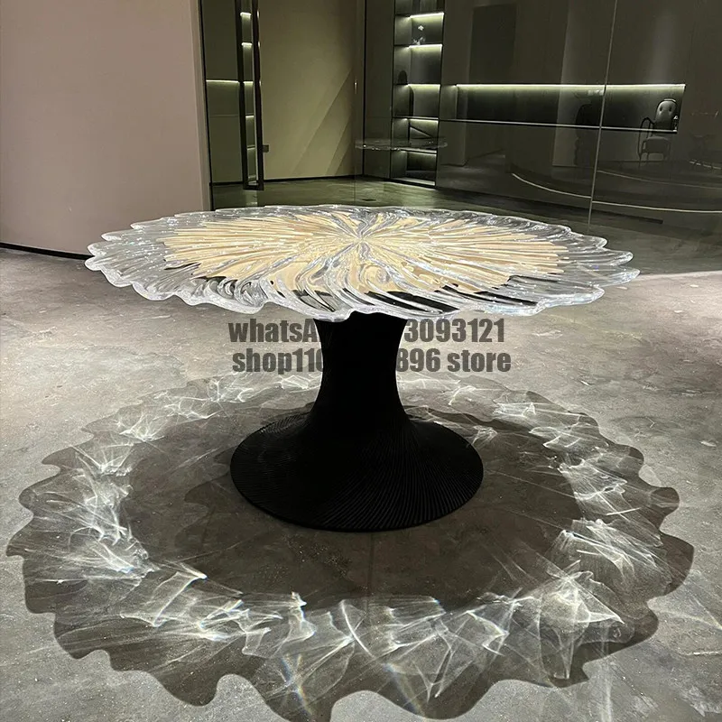 Creative special-shaped transparent resin crystal water ripple round table fiberglass base petal round table hotel model room