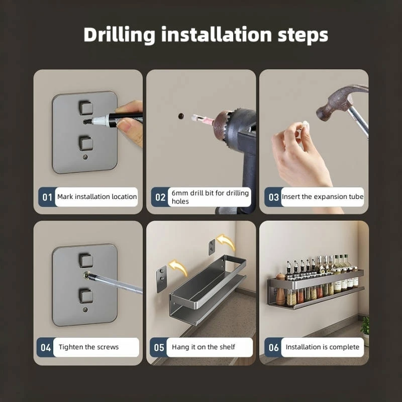 Aluminum Wall-Mounted Shelf Multifunctional Kitchen Spice Storage Rack Kitchen No Punching Required Kitchen Accessories