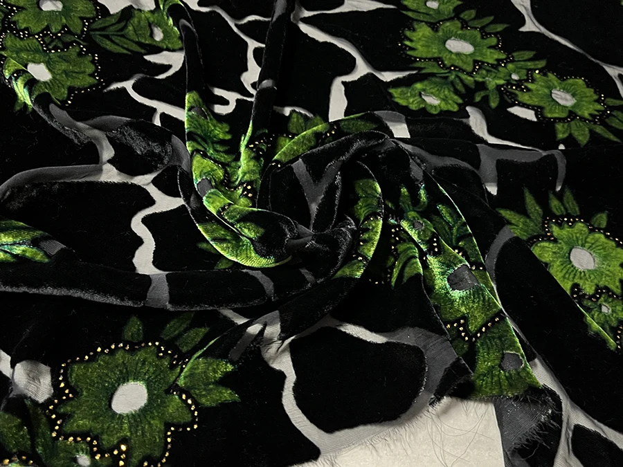 Real Silk Velvet Clothing Fabric Black Geometric Yellow Green Flower Gilding Hollow Cheongsam