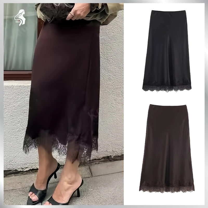 2026 New Autumn Womens Fashionable Mid Length Skirt With Lace Splicing Suitable For Spring Autumn And Dating Outfits Trafizaran