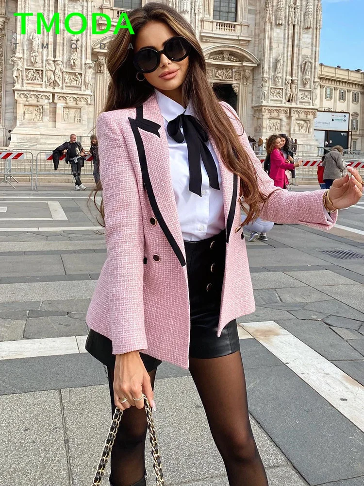 T MODA Women Elegant Pink Texture Double Breasted Tweed Blazer Long Sleeve Pockets Coats Female Fashion Streetwear Tops