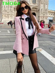 T Moda Vrouwen Elegante Roze Textuur Double Breasted Tweed Blazer Lange Mouwen Pockets Jassen Vrouwelijke Mode Streetwear Tops