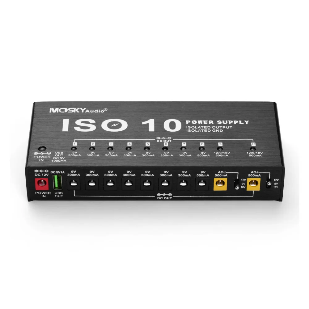 MOSKYAudio ISO-10 Portable Guitar Effect Power Supply Station 10 Isolated DC Outputs & 1 5V USB Output for 9V 12V 18V Effects