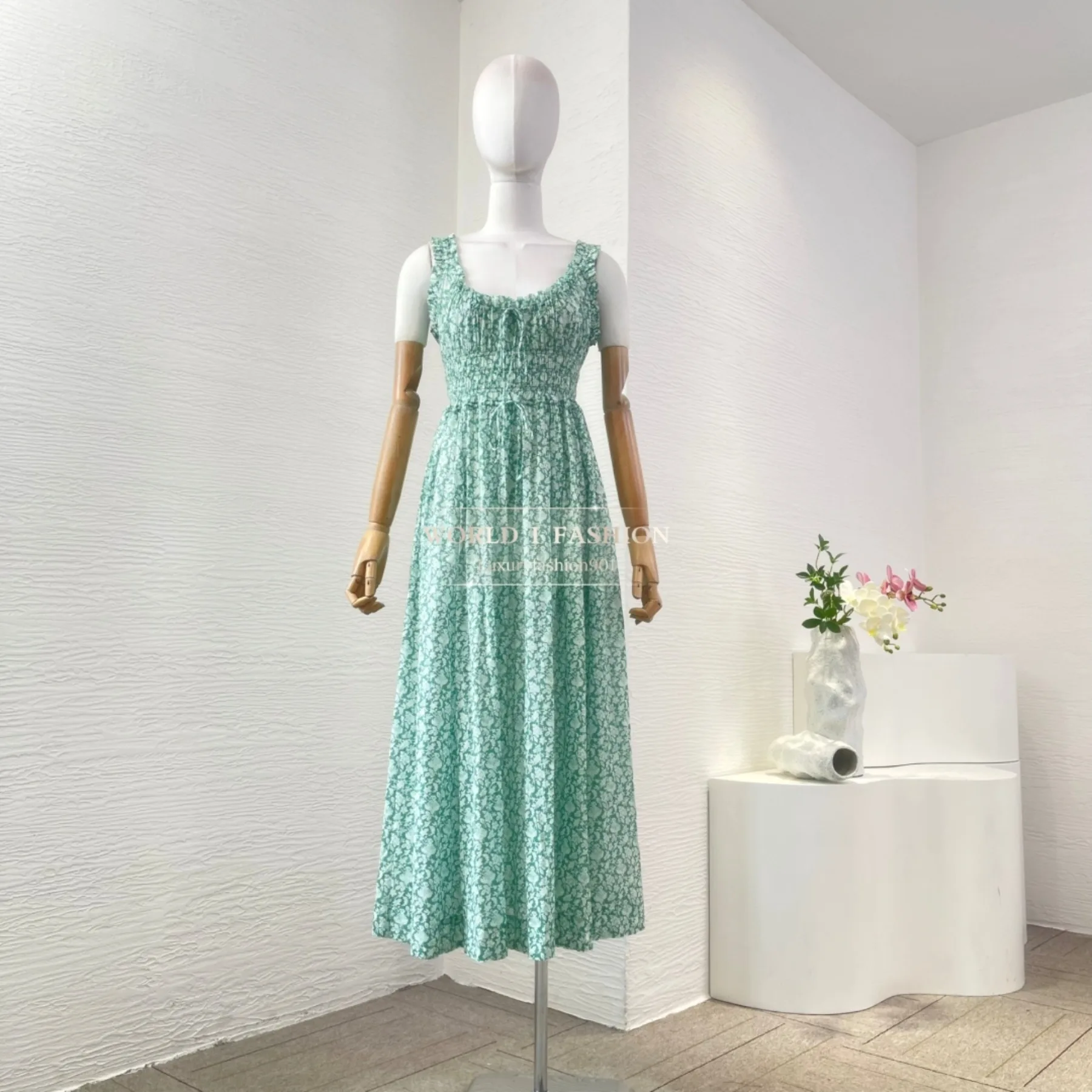 

High Quality Green Sleeveless Floral Print Midi Evening Dresses