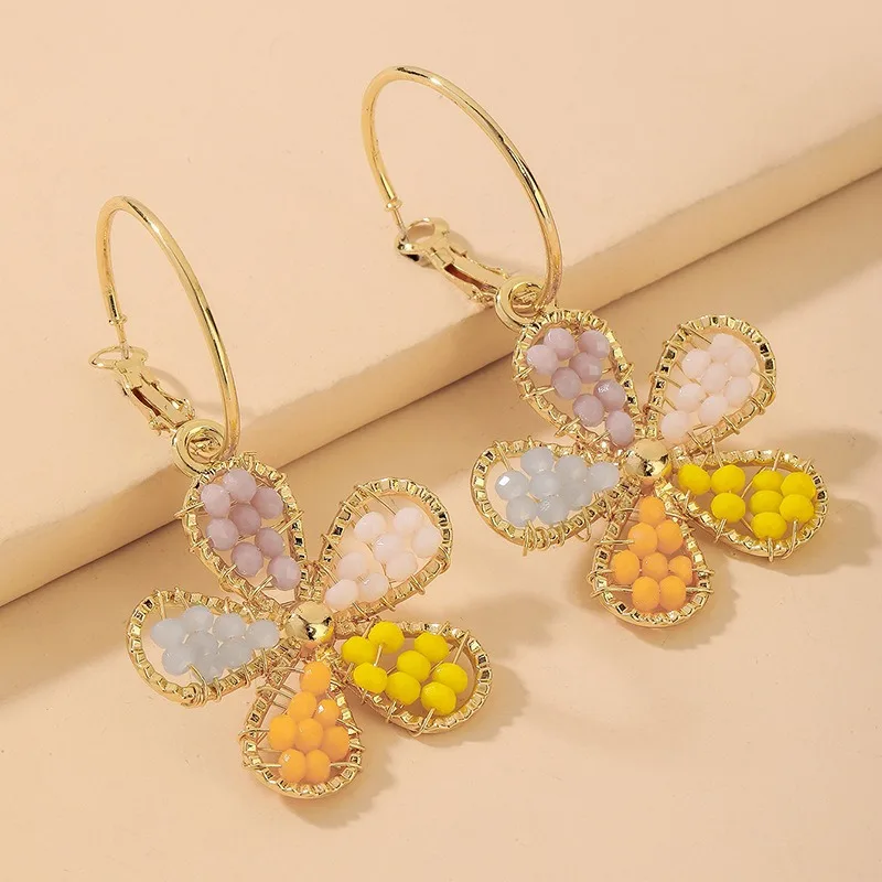 

Sweet retro fashionable crystal flower jewellery cute earrings women candy colored handmade rice bead earrings for woman jewelry