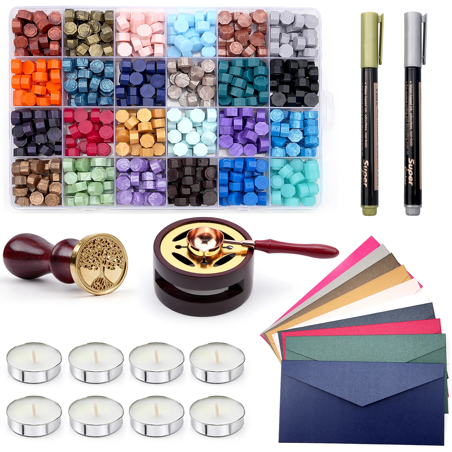 624-teiliges Wachssiegelperlen-Set, Wachssiegel-Stempel-Set mit 24 Farben Siegelwachsperlen, Wärmer, Umschlägen, Kerzen, Wachsstempel