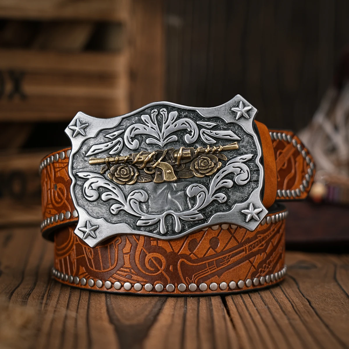 Men & Women - Western Denim - pu Leather - Belt - Vintage Belt Jeans with floral carved buckle rivets