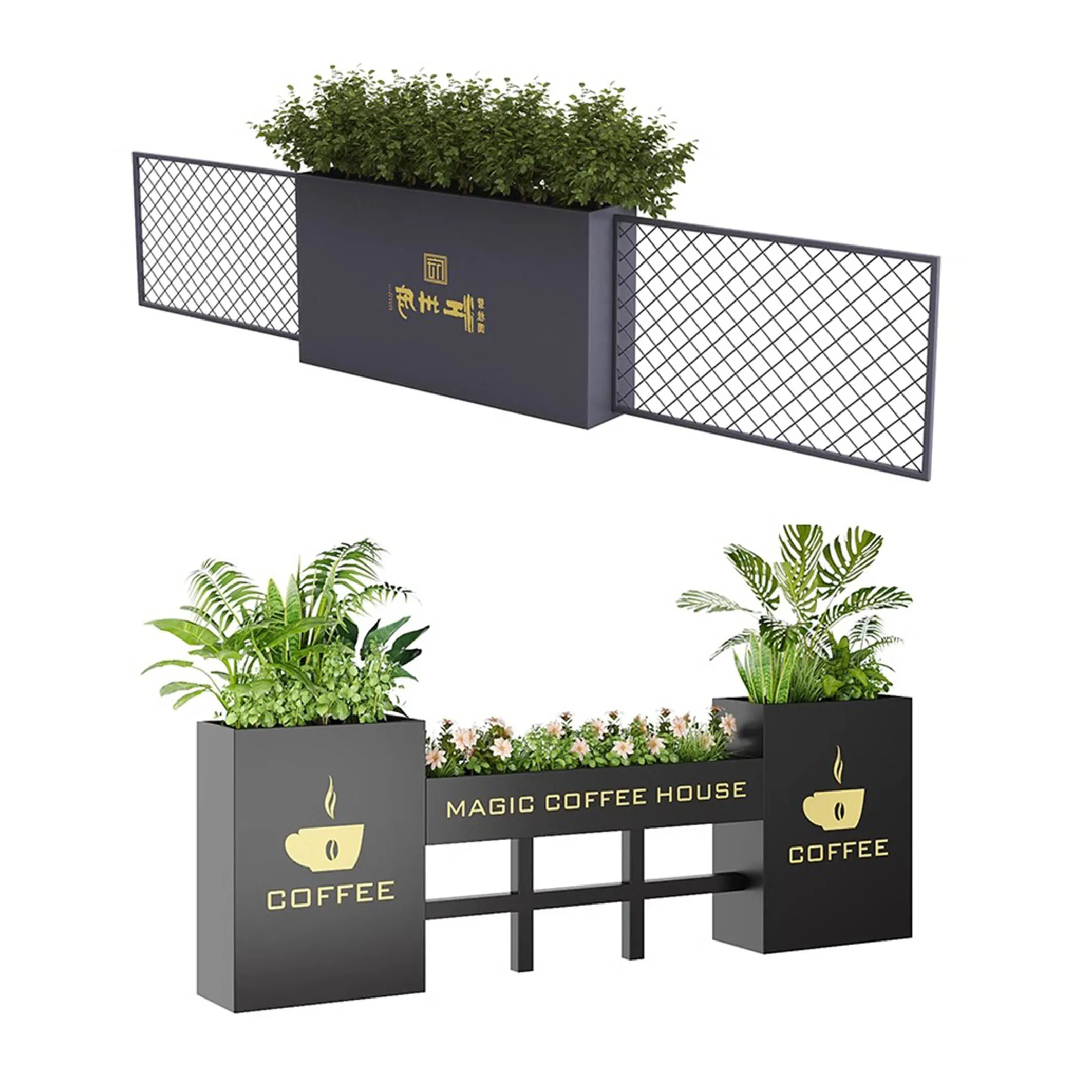 

*Custom Outdoor Iron Flower Box Fence Outdoor Municipal Garden Fence Partition with Flower Pot & Planters for Sales Department