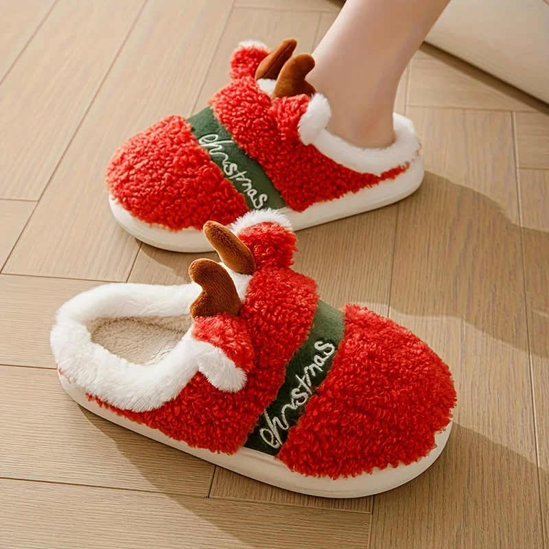 Cute Christmas Reindeer Slippers Winter Slip On Memory Foam Plush Shoes Cozy & Warm Home Slippers