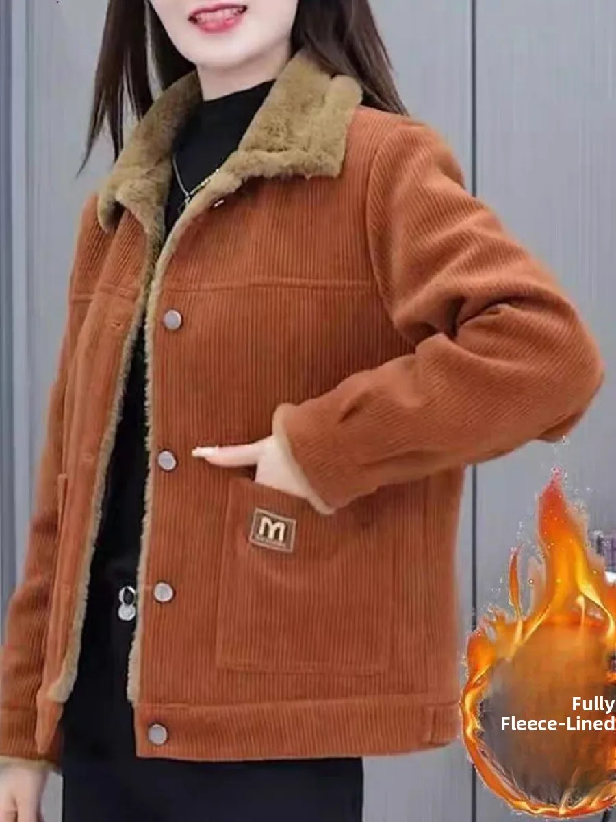 

Ladies' Fleece Lined Thickened Short Coat Winter Clothes Loose Fashionable Anti-Aging Mommy Style Sheepskin Cotton Jacket