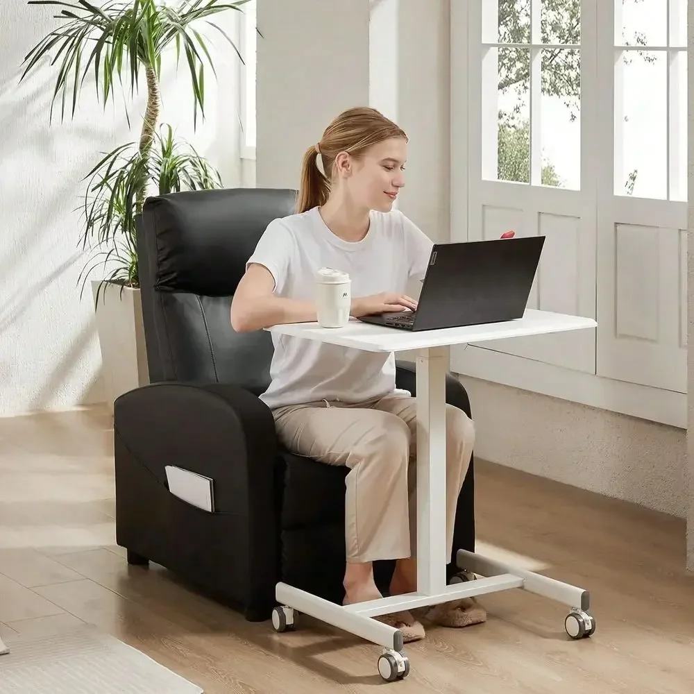 Desk,Lockable Wheels Adjustable Height, Mobile Computer Workstation For Home Office Classroom, Modern White