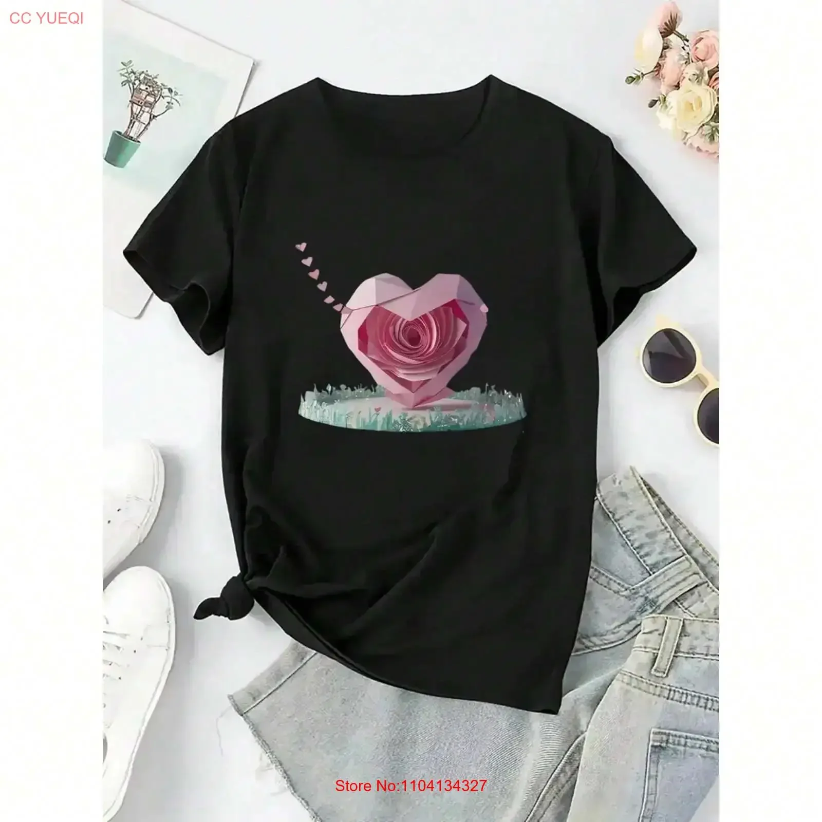 Camiseta de mujer con estampado creativo de flores de origami y patrón de corazón, estilo vintage, unisex, ligeramente streetwear, elástica.