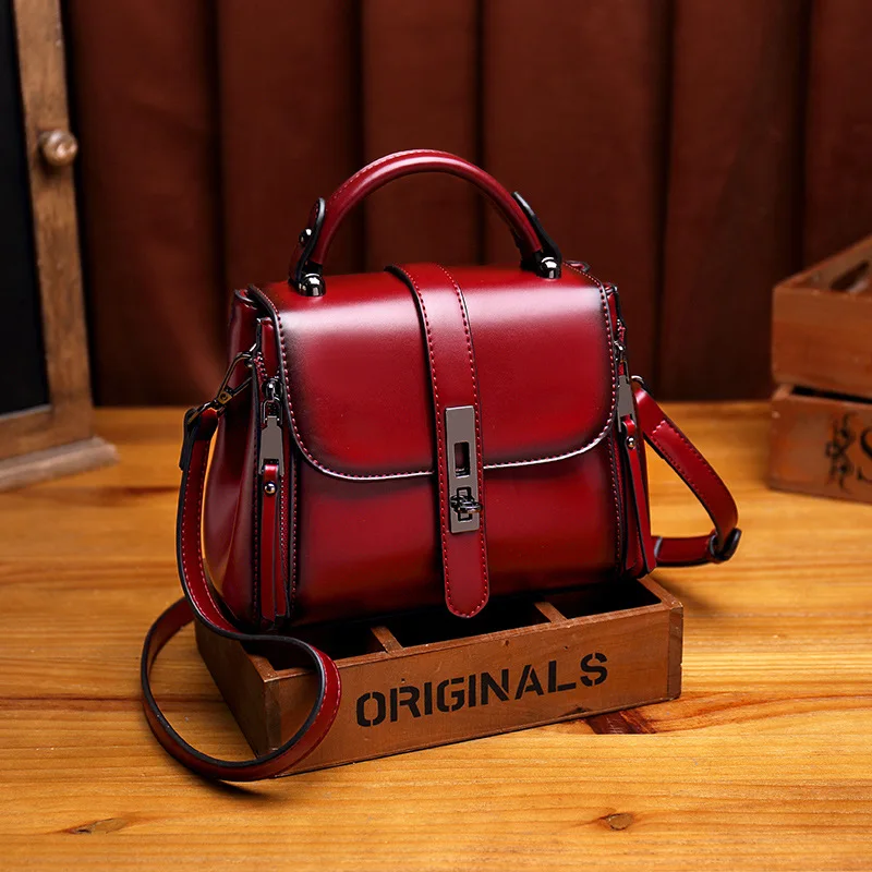 Shoulder bag women's small square bag genuine leather temperament retro handheld crossbody bag