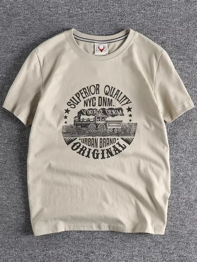 Summer American Retro Short-sleeved O-neck Locomotive Printed T-shirt Men\'s Fashion Simple 100% Cotton Washed Casual Sport Tops